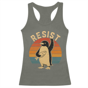 Funny Penguin Resist Racerback Tank Top Against Tariffs Retro Vintage TS02 Military Green Print Your Wear