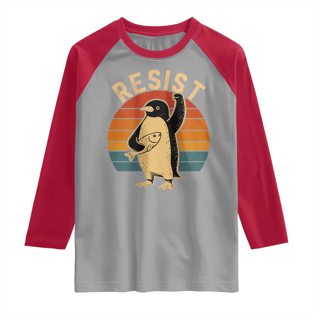 Funny Penguin Resist Raglan Shirt Against Tariffs Retro Vintage TS02 Sport Gray Red Print Your Wear