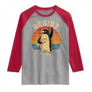 Funny Penguin Resist Raglan Shirt Against Tariffs Retro Vintage TS02 Sport Gray Red Print Your Wear