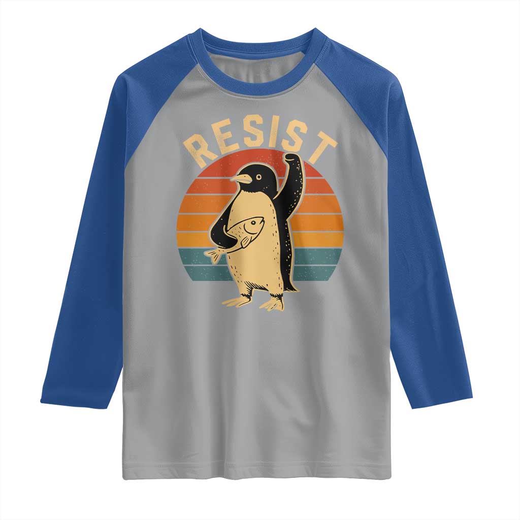 Funny Penguin Resist Raglan Shirt Against Tariffs Retro Vintage TS02 Sport Gray Royal Print Your Wear