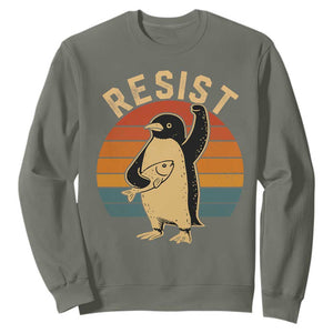 Funny Penguin Resist Sweatshirt Against Tariffs Retro Vintage TS02 Military Green Print Your Wear