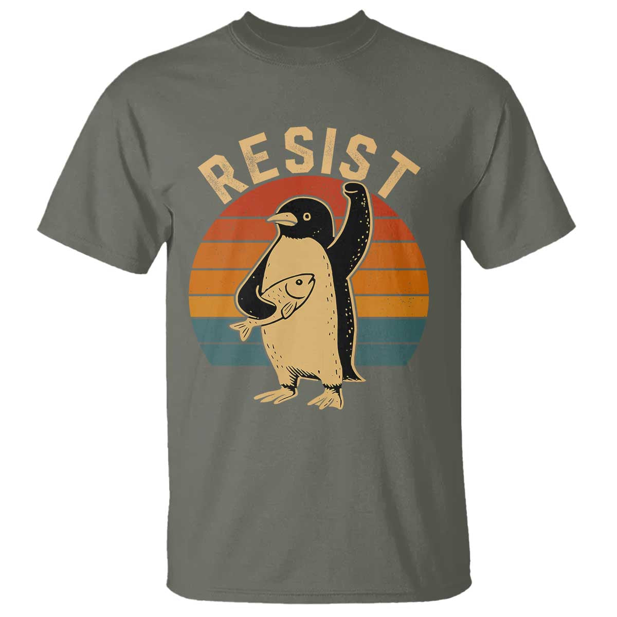 Funny Penguin Resist T Shirt Against Tariffs Retro Vintage TS02 Military Green Print Your Wear