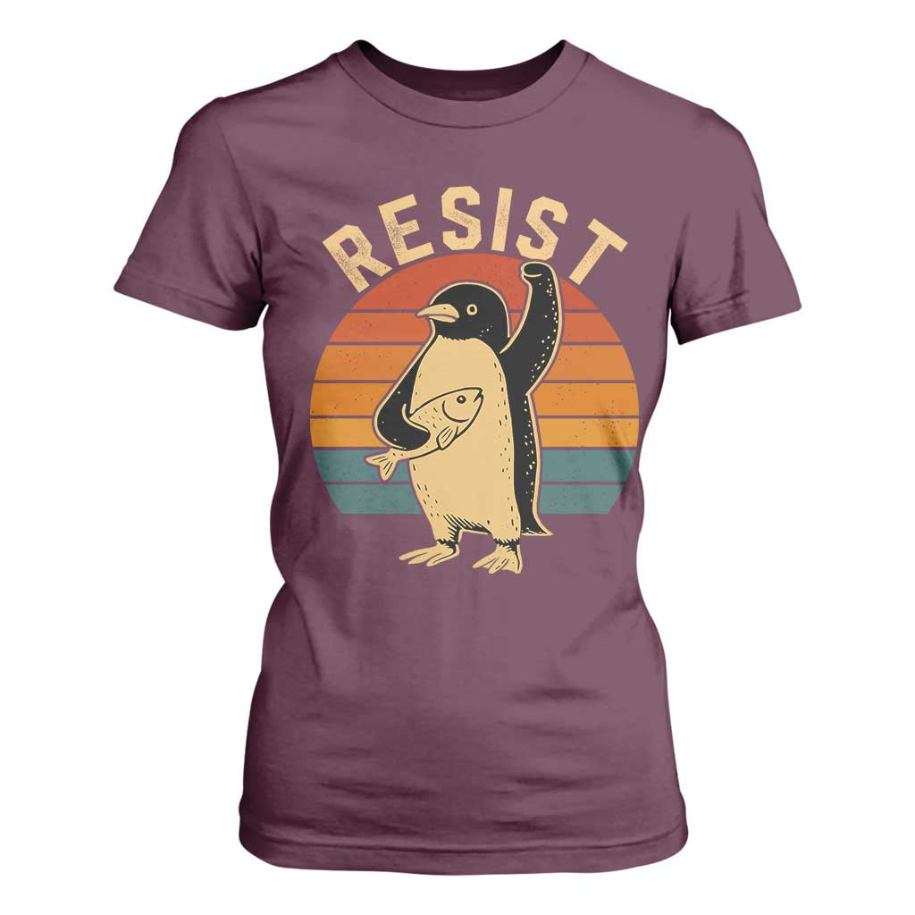 Funny Penguin Resist T Shirt For Women Against Tariffs Retro Vintage TS02 Maroon Print Your Wear