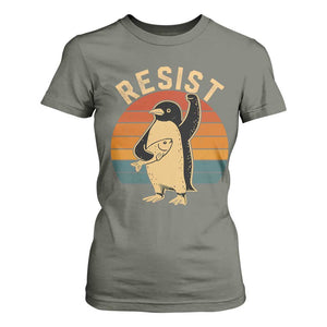 Funny Penguin Resist T Shirt For Women Against Tariffs Retro Vintage TS02 Military Green Print Your Wear