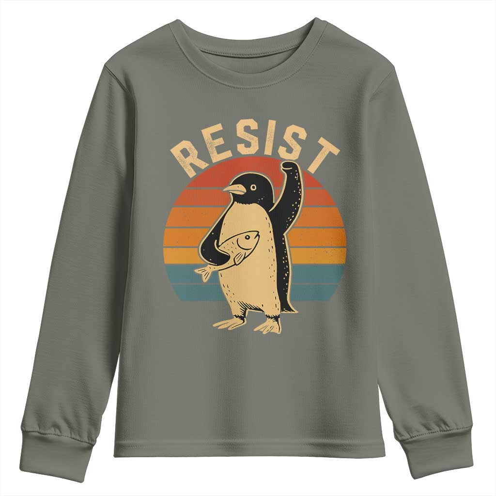 Funny Penguin Resist Youth Sweatshirt Against Tariffs Retro Vintage TS02 Military Green Print Your Wear