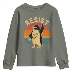 Funny Penguin Resist Youth Sweatshirt Against Tariffs Retro Vintage TS02 Military Green Print Your Wear