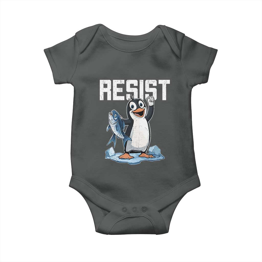 Funny Penguin Resist Baby Onesie Against Tariffs Protest TS02 Dark Heather Print Your Wear