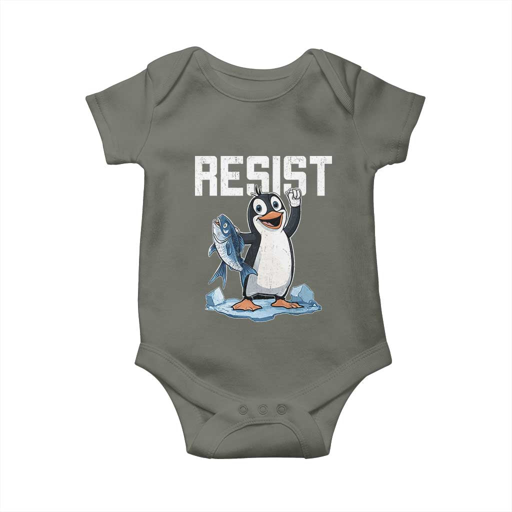 Funny Penguin Resist Baby Onesie Against Tariffs Protest TS02 Military Green Print Your Wear