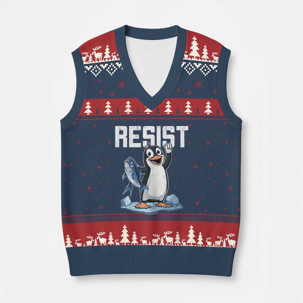 Funny Penguin Resist V-Neck Knit Sweater Vest Against Tariffs Protest TS02 Navy Red Print Your Wear