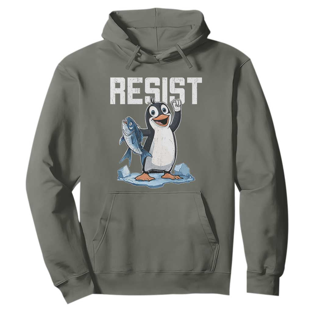 Funny Penguin Resist Hoodie Against Tariffs Protest TS02 Military Green Print Your Wear