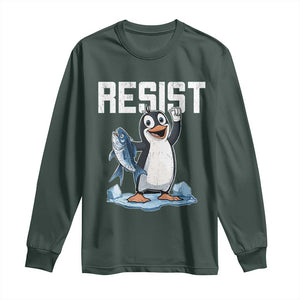 Funny Penguin Resist Long Sleeve Shirt Against Tariffs Protest TS02 Dark Forest Green Print Your Wear