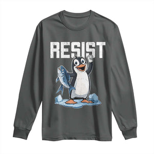 Funny Penguin Resist Long Sleeve Shirt Against Tariffs Protest TS02 Dark Heather Print Your Wear