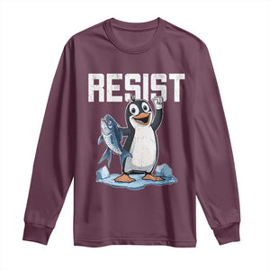 Funny Penguin Resist Long Sleeve Shirt Against Tariffs Protest TS02 Maroon Print Your Wear