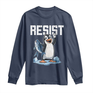 Funny Penguin Resist Long Sleeve Shirt Against Tariffs Protest TS02 Navy Print Your Wear