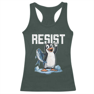 Funny Penguin Resist Racerback Tank Top Against Tariffs Protest TS02 Dark Forest Green Print Your Wear