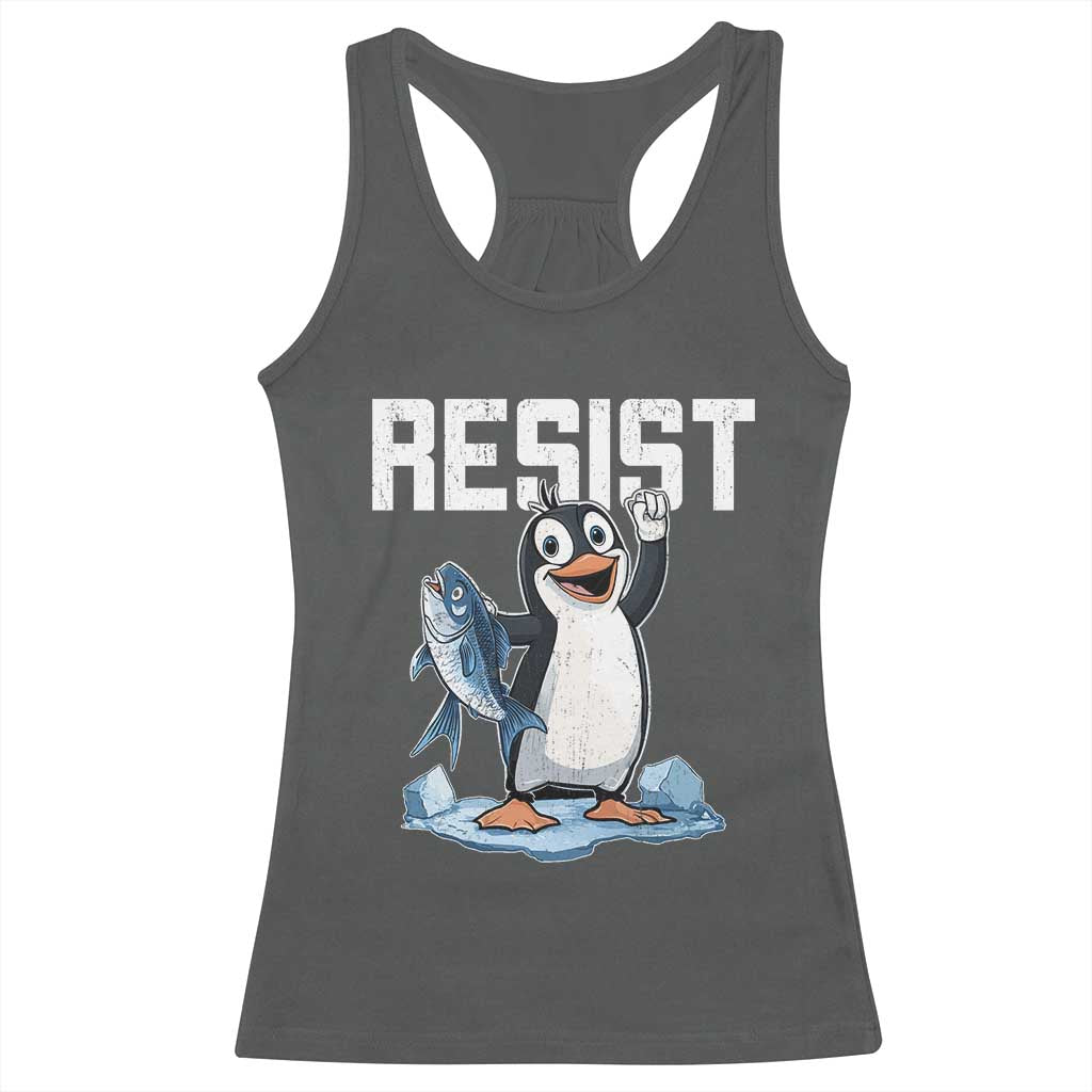 Funny Penguin Resist Racerback Tank Top Against Tariffs Protest TS02 Dark Heather Print Your Wear