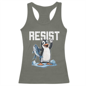 Funny Penguin Resist Racerback Tank Top Against Tariffs Protest TS02 Military Green Print Your Wear