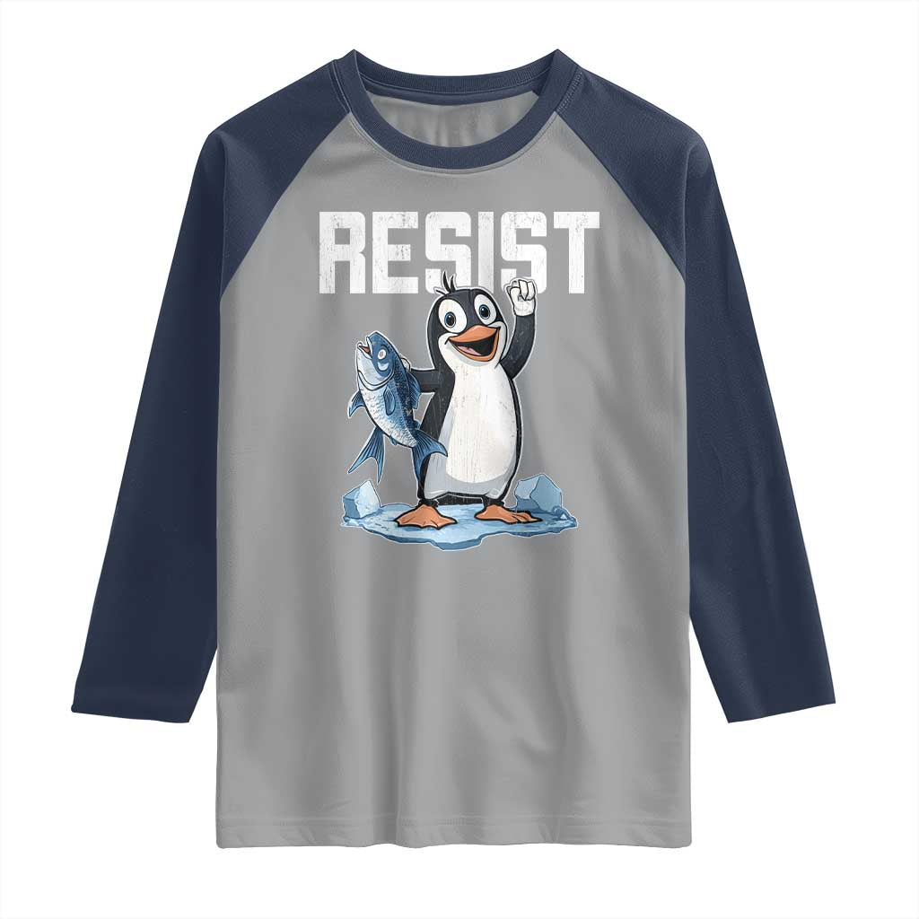 Funny Penguin Resist Raglan Shirt Against Tariffs Protest TS02 Sport Gray Navy Print Your Wear