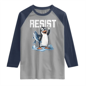 Funny Penguin Resist Raglan Shirt Against Tariffs Protest TS02 Sport Gray Navy Print Your Wear