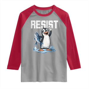 Funny Penguin Resist Raglan Shirt Against Tariffs Protest TS02 Sport Gray Red Print Your Wear