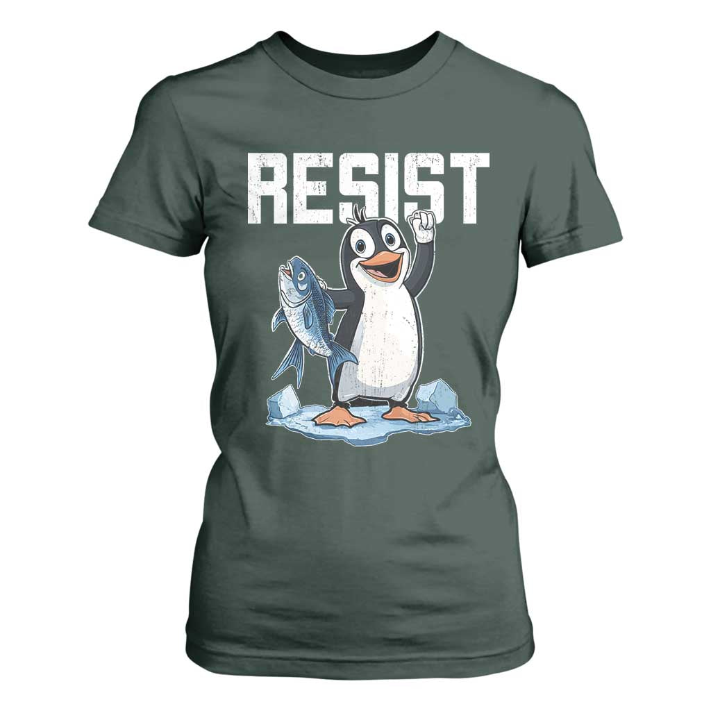 Funny Penguin Resist T Shirt For Women Against Tariffs Protest TS02 Dark Forest Green Print Your Wear