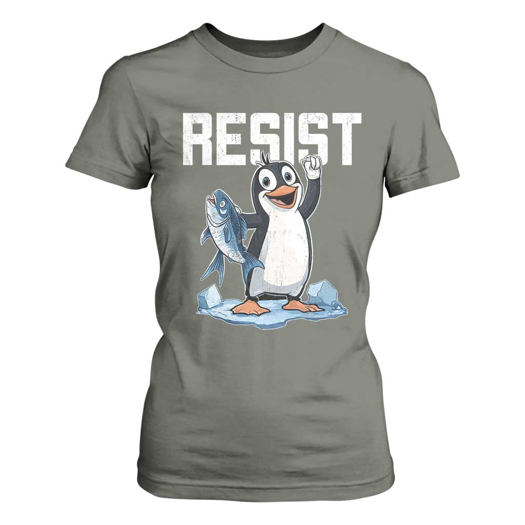 Funny Penguin Resist T Shirt For Women Against Tariffs Protest TS02 Military Green Print Your Wear