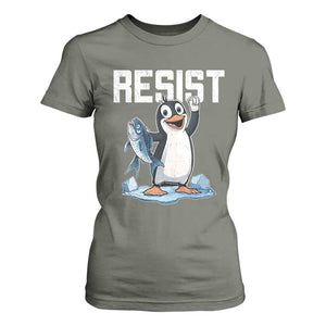 Funny Penguin Resist T Shirt For Women Against Tariffs Protest TS02 Military Green Print Your Wear
