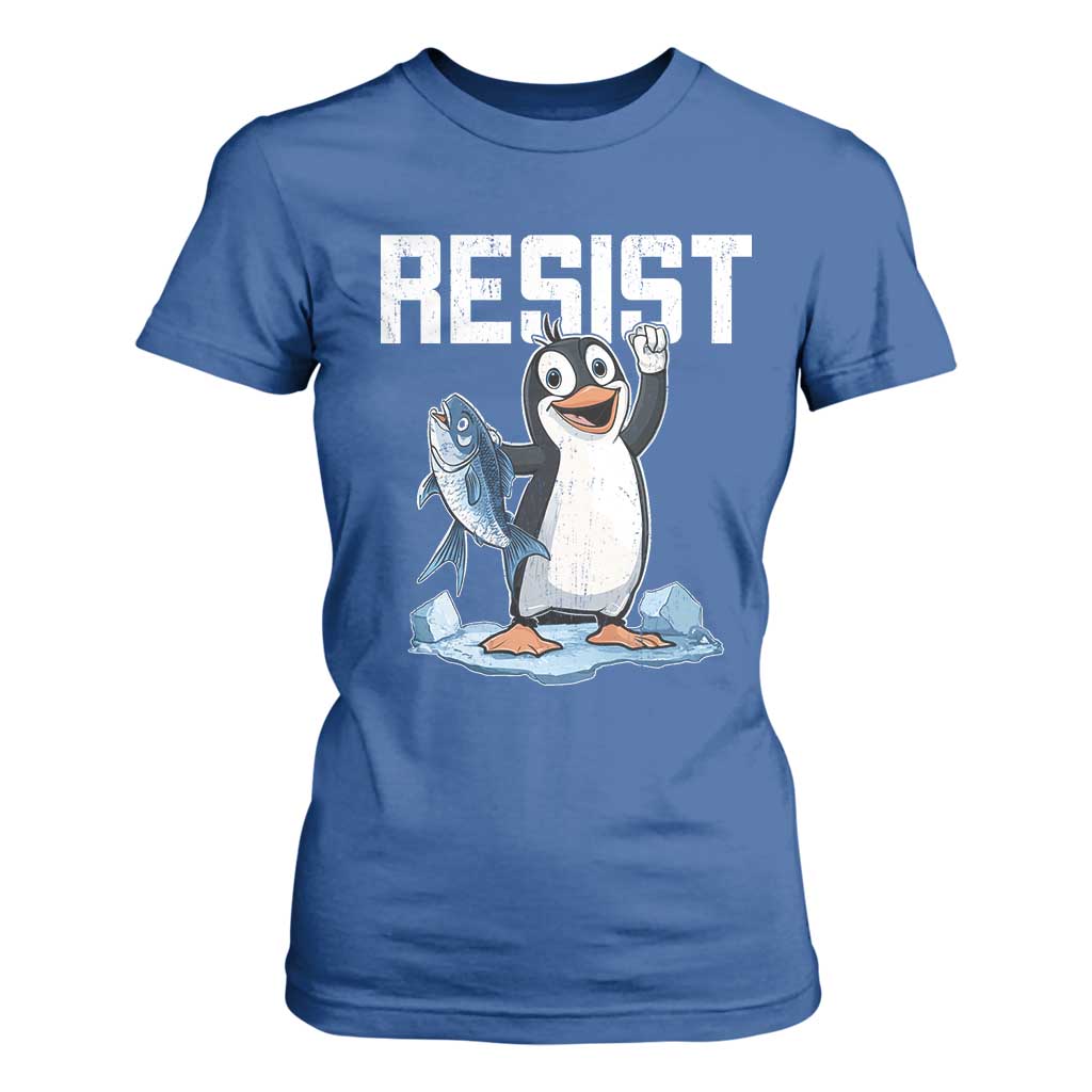 Funny Penguin Resist T Shirt For Women Against Tariffs Protest TS02 Royal Blue Print Your Wear