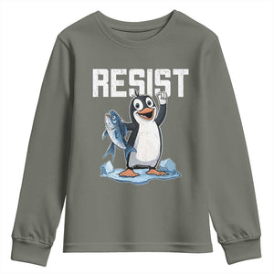 Funny Penguin Resist Youth Sweatshirt Against Tariffs Protest TS02 Military Green Print Your Wear