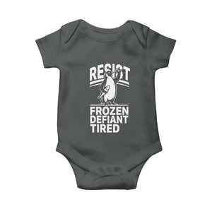 Funny Penguin Resist Baby Onesie Frozen Defiant Tired FDT Activism TS02 Dark Heather Print Your Wear
