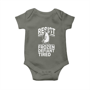 Funny Penguin Resist Baby Onesie Frozen Defiant Tired FDT Activism TS02 Military Green Print Your Wear