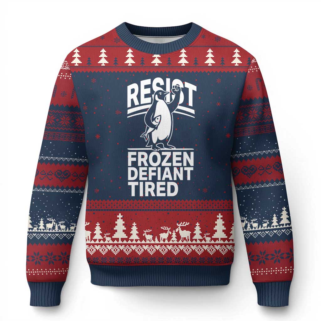 Funny Penguin Resist Ugly Christmas Sweater Frozen Defiant Tired FDT Activism TS02 Navy Red Print Your Wear