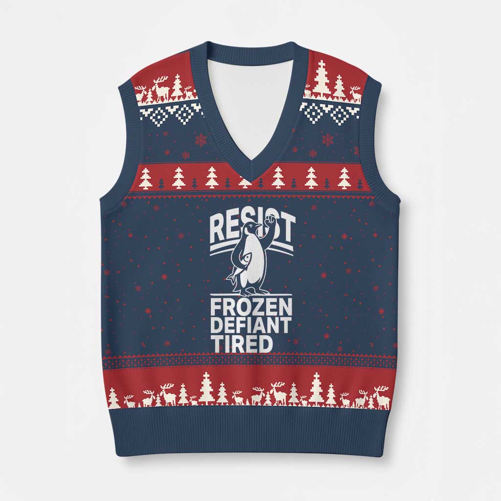Funny Penguin Resist V-Neck Knit Sweater Vest Frozen Defiant Tired FDT Activism TS02 Navy Red Print Your Wear
