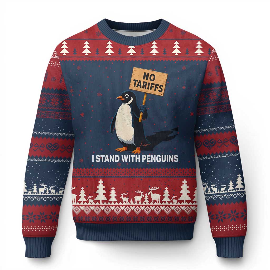 Funny Penguin Resist Ugly Christmas Sweater No Tariffs I Stand With Penguins TS02 Navy Red Print Your Wear