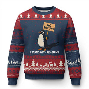 Funny Penguin Resist Ugly Christmas Sweater No Tariffs I Stand With Penguins TS02 Navy Red Print Your Wear