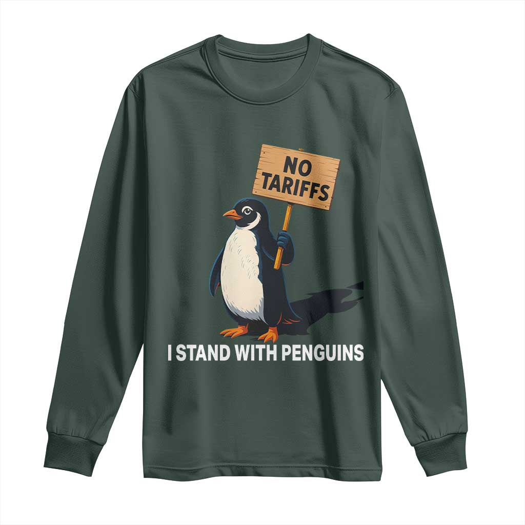 Funny Penguin Resist Long Sleeve Shirt No Tariffs I Stand With Penguins TS02 Dark Forest Green Print Your Wear