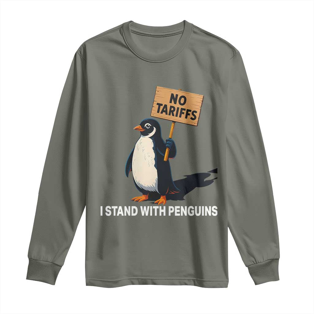 Funny Penguin Resist Long Sleeve Shirt No Tariffs I Stand With Penguins TS02 Military Green Print Your Wear