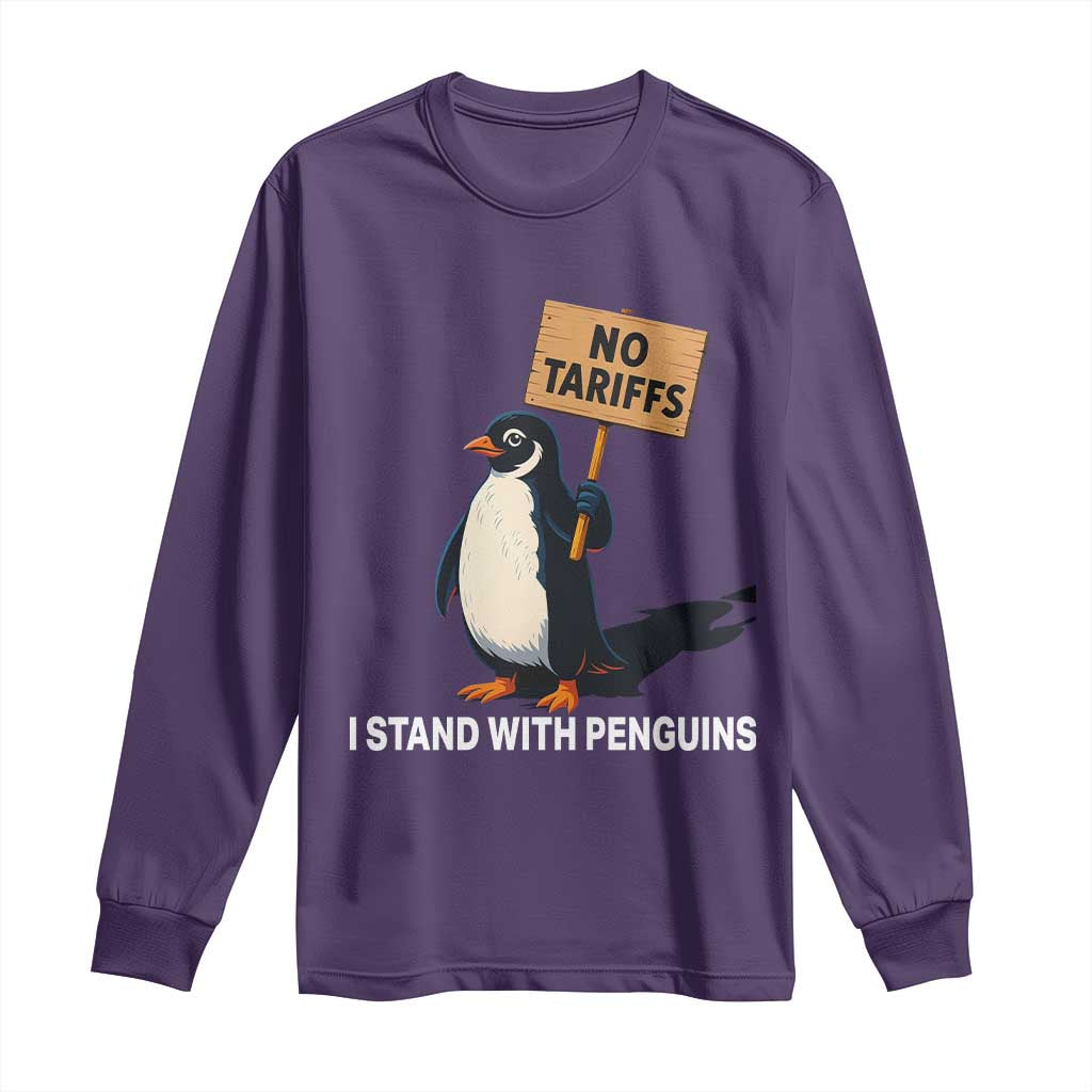 Funny Penguin Resist Long Sleeve Shirt No Tariffs I Stand With Penguins TS02 Purple Print Your Wear