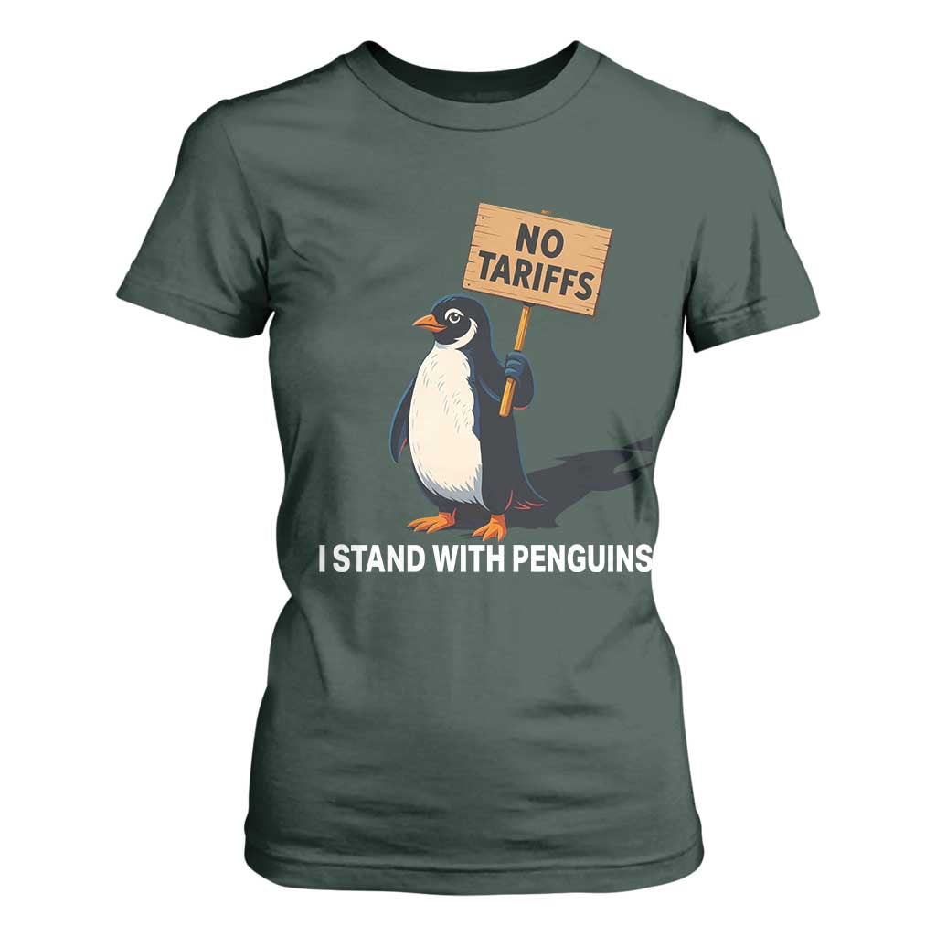 Funny Penguin Resist T Shirt For Women No Tariffs I Stand With Penguins TS02 Dark Forest Green Print Your Wear