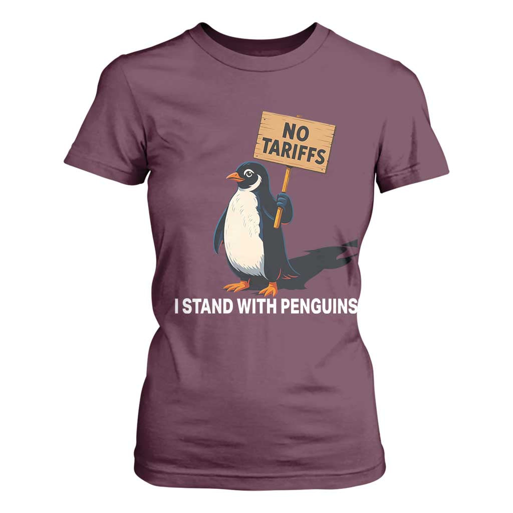Funny Penguin Resist T Shirt For Women No Tariffs I Stand With Penguins TS02 Maroon Print Your Wear