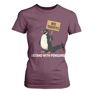 Funny Penguin Resist T Shirt For Women No Tariffs I Stand With Penguins TS02 Maroon Print Your Wear