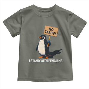 Funny Penguin Resist Toddler T Shirt No Tariffs I Stand With Penguins TS02 Military Green Print Your Wear