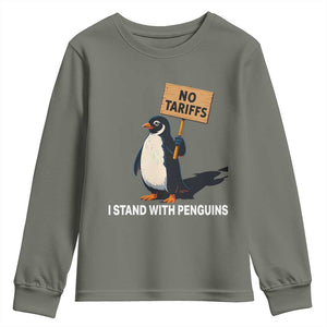 Funny Penguin Resist Youth Sweatshirt No Tariffs I Stand With Penguins TS02 Military Green Print Your Wear
