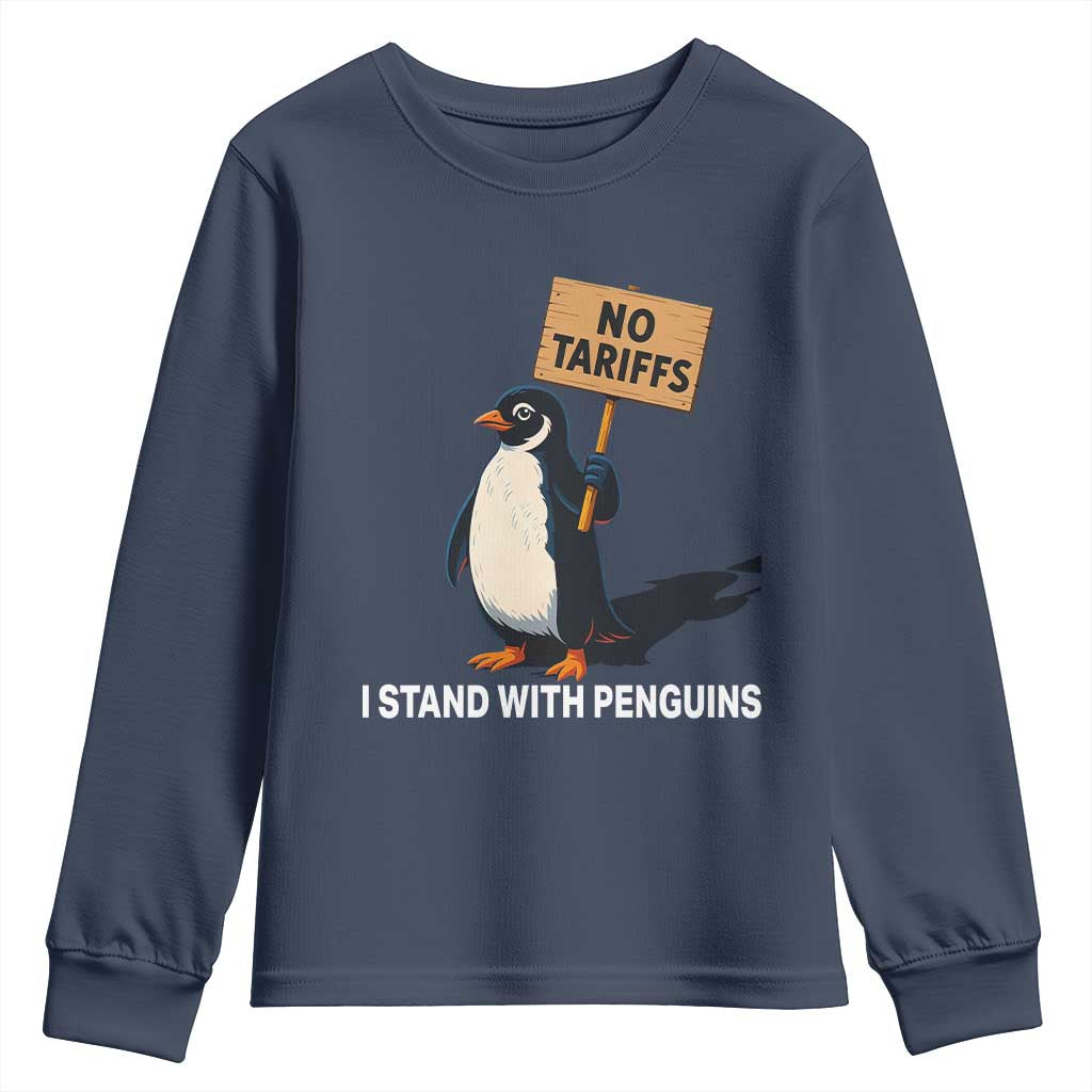 Funny Penguin Resist Youth Sweatshirt No Tariffs I Stand With Penguins TS02 Navy Print Your Wear