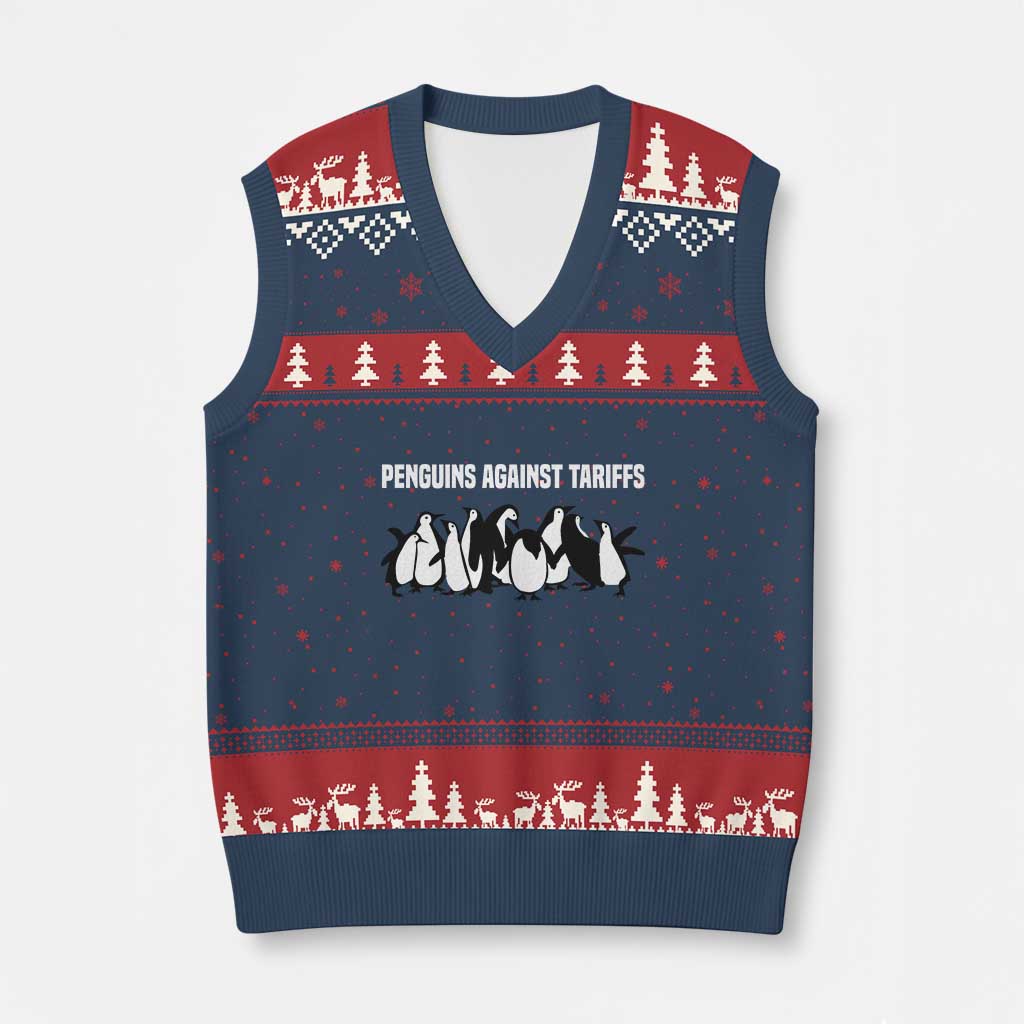 Funny Penguin Resist V-Neck Knit Sweater Vest Penguins Against Tariffs Sarcastic Saying Meme TS02 Navy Red Print Your Wear