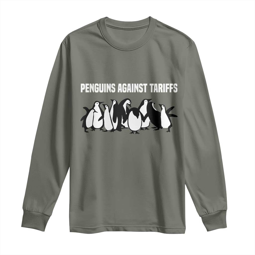 Funny Penguin Resist Long Sleeve Shirt Penguins Against Tariffs Sarcastic Saying Meme TS02 Military Green Print Your Wear
