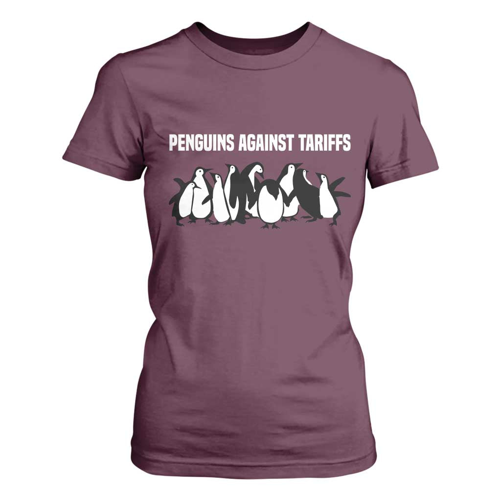 Funny Penguin Resist T Shirt For Women Penguins Against Tariffs Sarcastic Saying Meme TS02 Maroon Print Your Wear