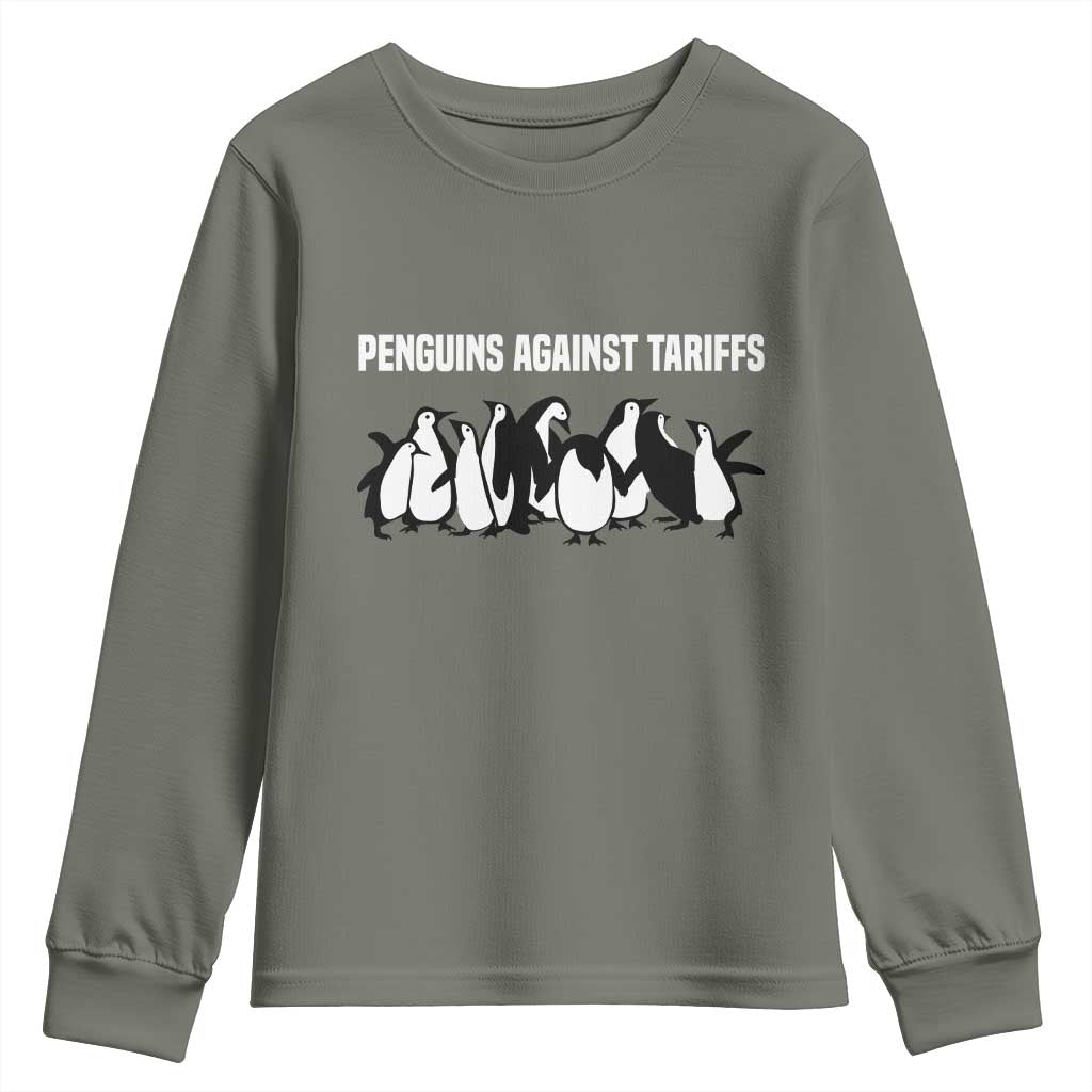 Funny Penguin Resist Youth Sweatshirt Penguins Against Tariffs Sarcastic Saying Meme TS02 Military Green Print Your Wear