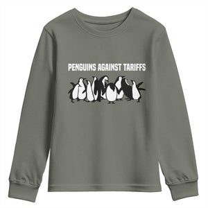 Funny Penguin Resist Youth Sweatshirt Penguins Against Tariffs Sarcastic Saying Meme TS02 Military Green Print Your Wear