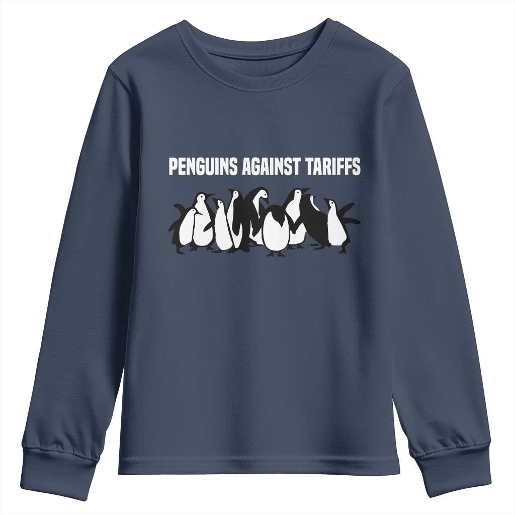 Funny Penguin Resist Youth Sweatshirt Penguins Against Tariffs Sarcastic Saying Meme TS02 Navy Print Your Wear